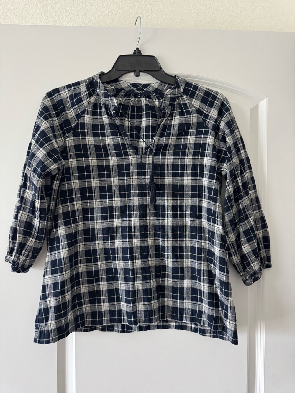 Madewell Cotton & Linen Navy Plaid Blouse Size S